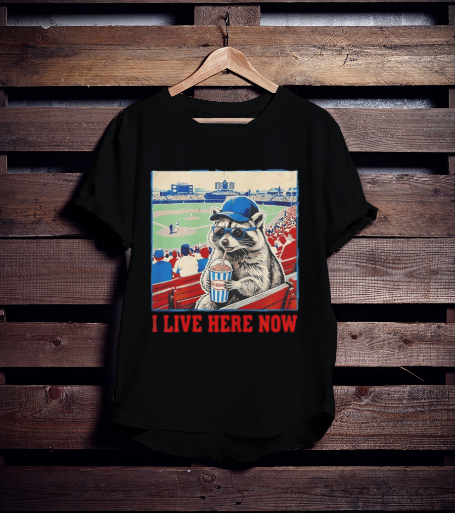 Raccoon Milkshake Baseball Field I Live Here Now T-Shirt