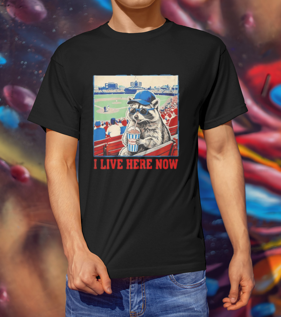 Raccoon Milkshake Baseball Field I Live Here Now T-Shirt