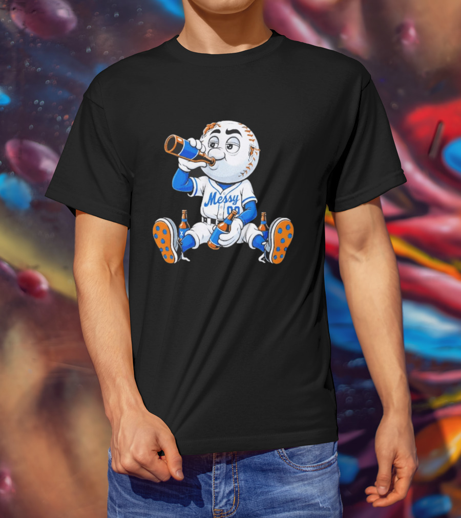 New York Mets Mr. Met Messy Drink Baseball T-Shirt