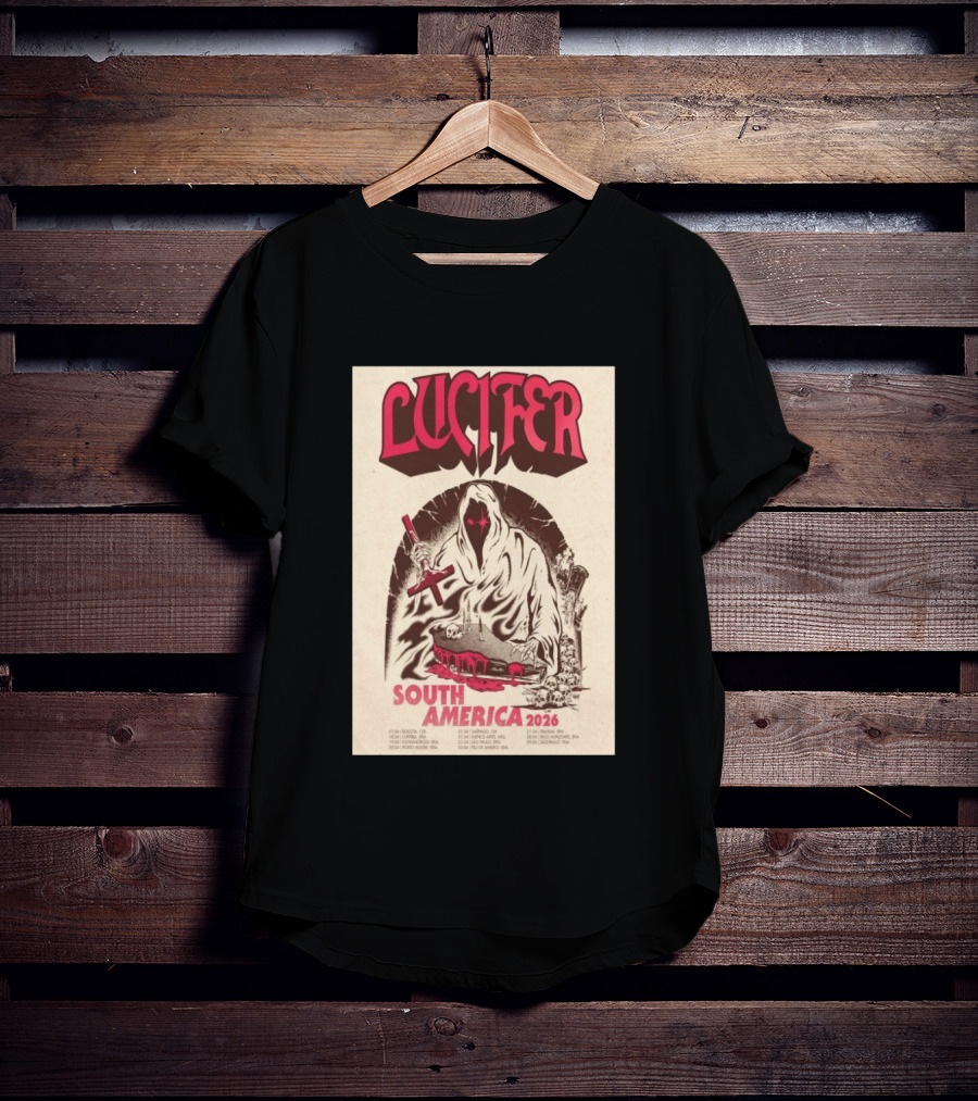 Lucifer South America 2026 Tour Schedule With Hooded Figure And Skulls T-Shirt