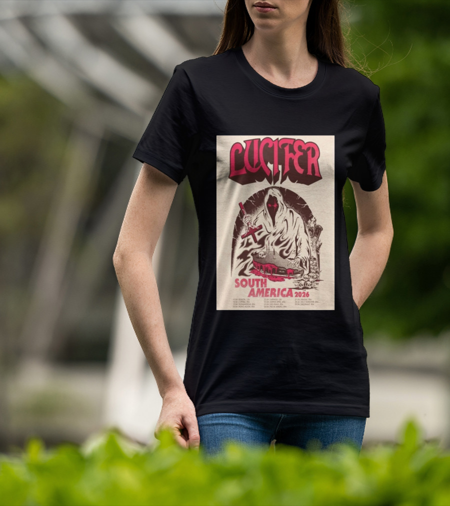 Lucifer South America 2026 Tour Schedule With Hooded Figure And Skulls T-Shirt
