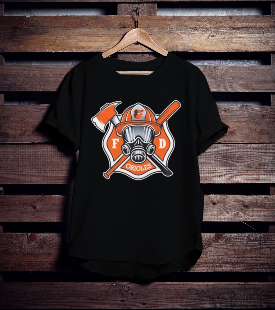 2026 Orioles FD Firefighter Appreciation Mask Helmet Axe Crossed Bat T-Shirt