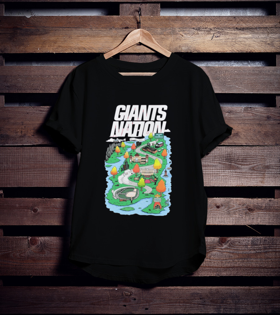 Bobby Skinner Giants Nation Cartoon Landscape Get Well Soon Welcome To Giants Nation Balloon Trees River T-Shirt