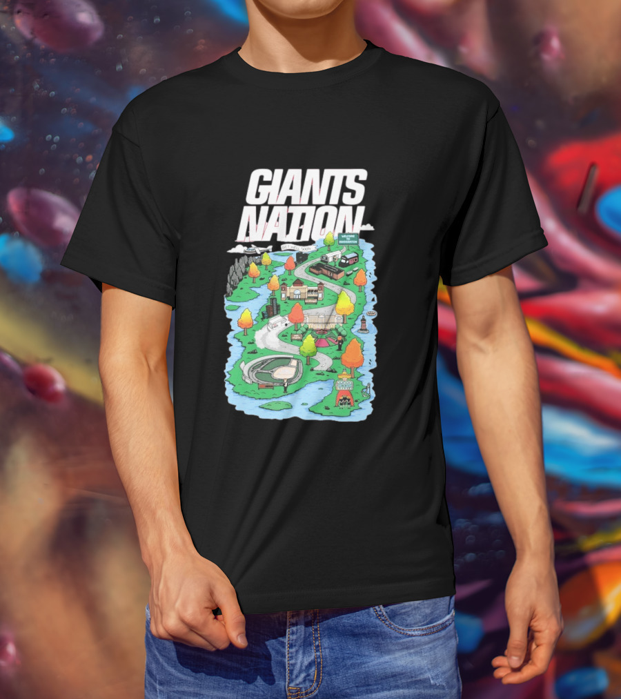 Bobby Skinner Giants Nation Cartoon Landscape Get Well Soon Welcome To Giants Nation Balloon Trees River T-Shirt