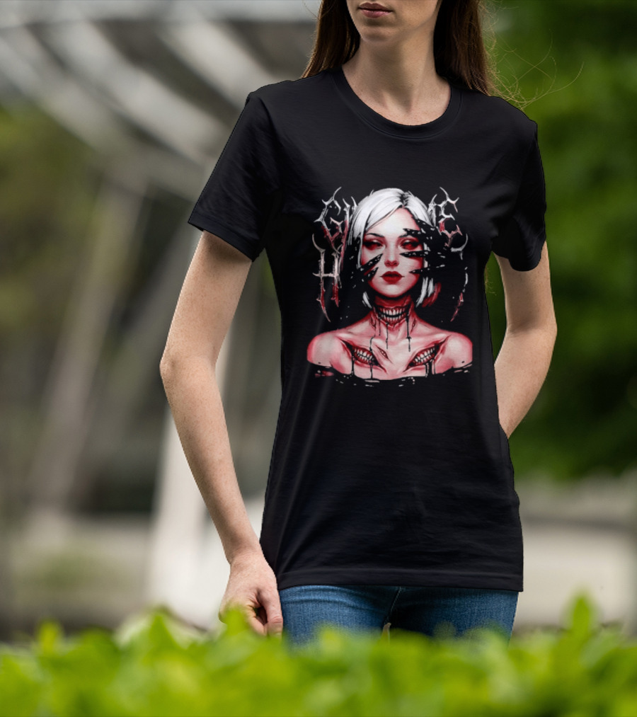 Dark Embrace Washed Creepy Pale Woman Fantasy Eyes T-Shirt