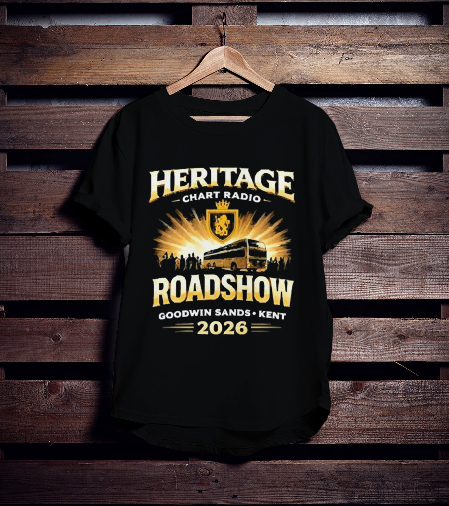 Heritage Chart Radio Roadshow Goodwin Sands Kent 2026 Lion Crest Bus Tour T-Shirt