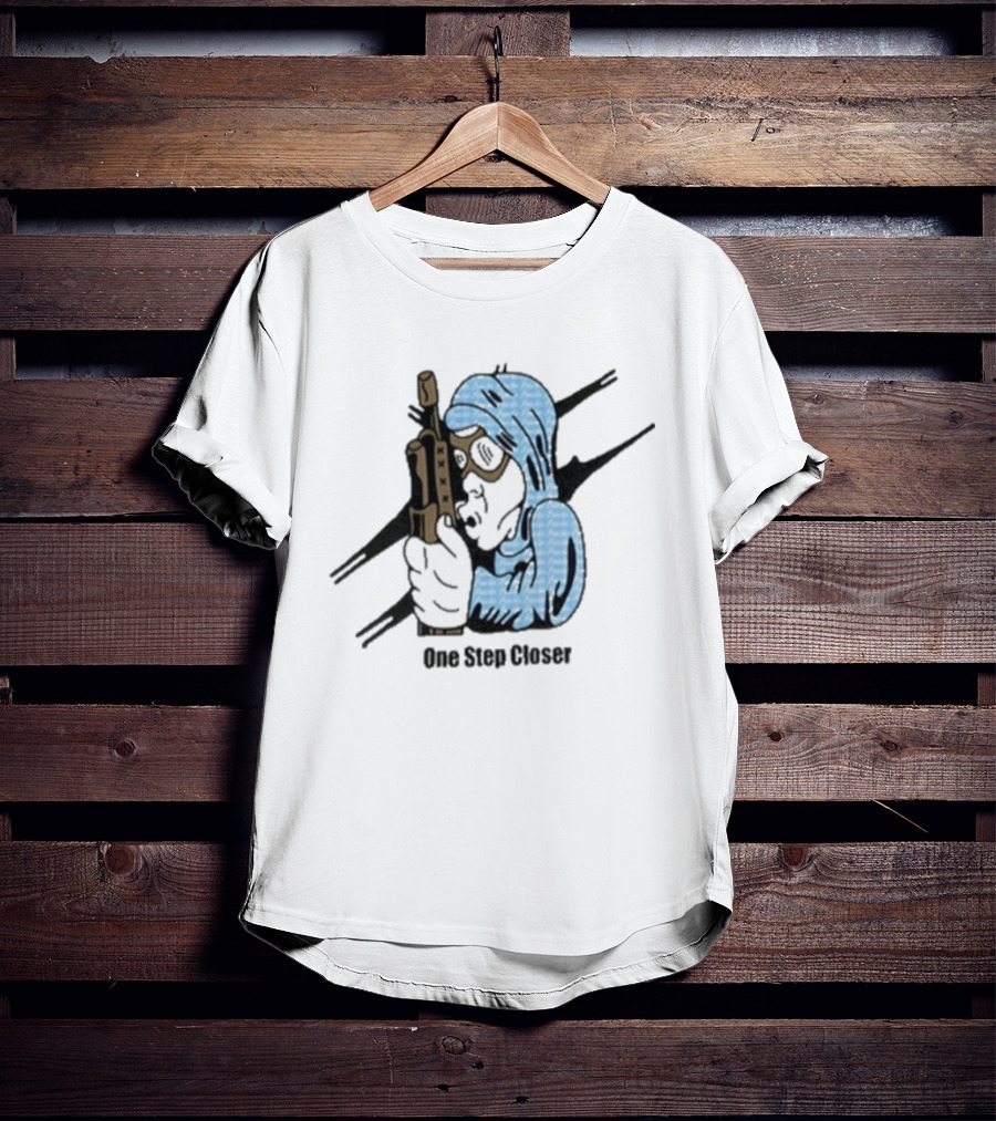One Step Closer Osc X Preacher Blue Hooded Figure With Rifle T-Shirt
