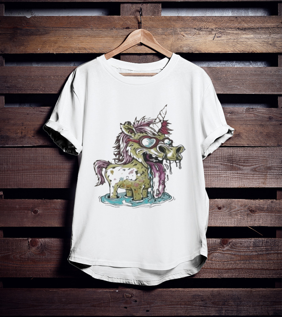 Hills Draws Unicorn With Sunglasses And Tongue Out In White T-Shirt