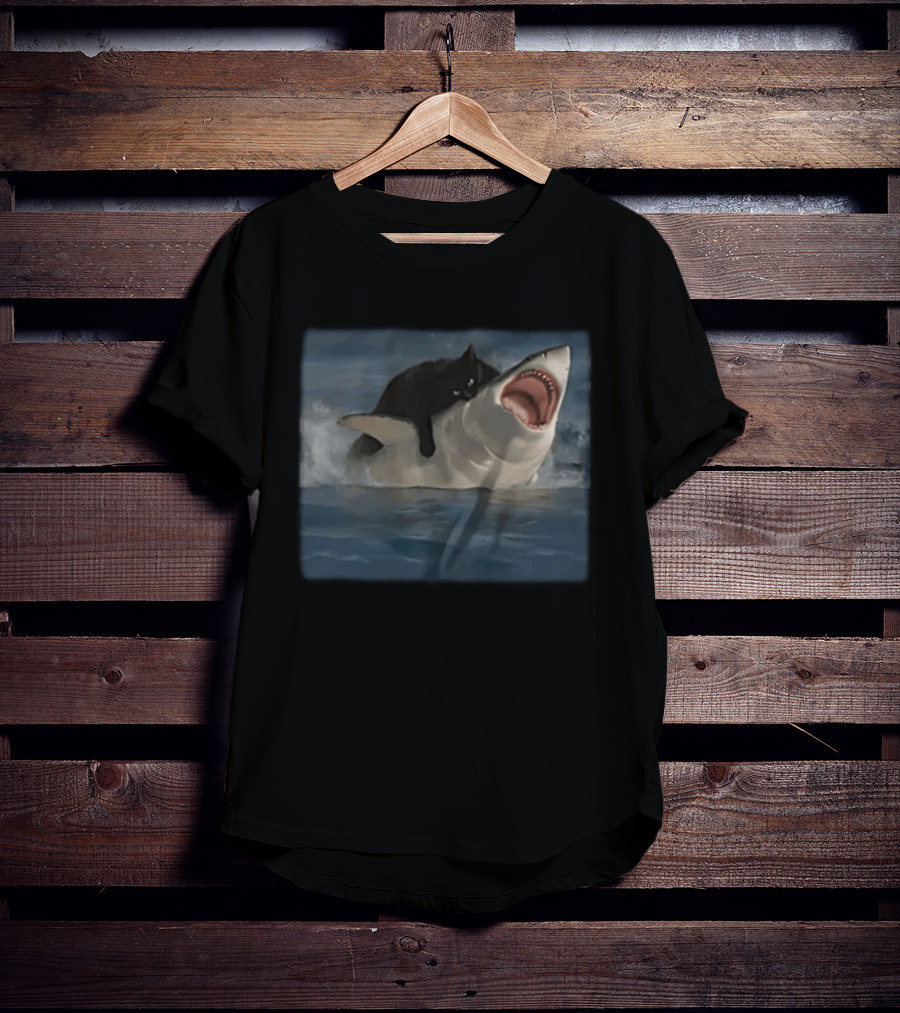 Black Cat Riding On Great White Shark Ocean Adventure T-Shirt