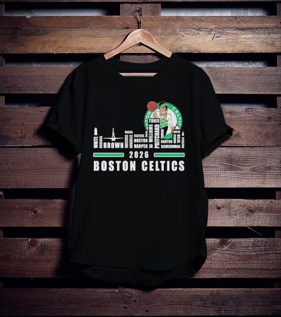 2026 Boston Celtics Brown Tatum Brogdon Porzingis White Smart Hoops Skyline T-Shirt