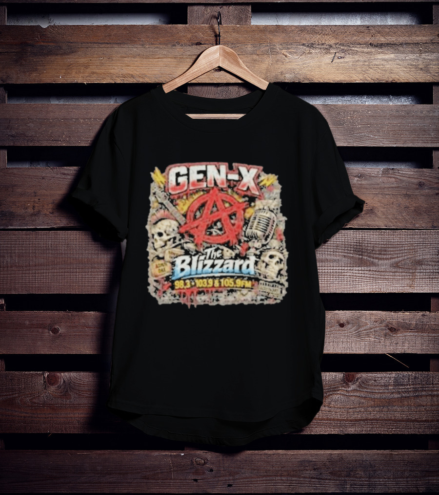 Gen X The Blizzard 98.3 103.9 105.9 FM Anarchy Skulls Microphone T-Shirt