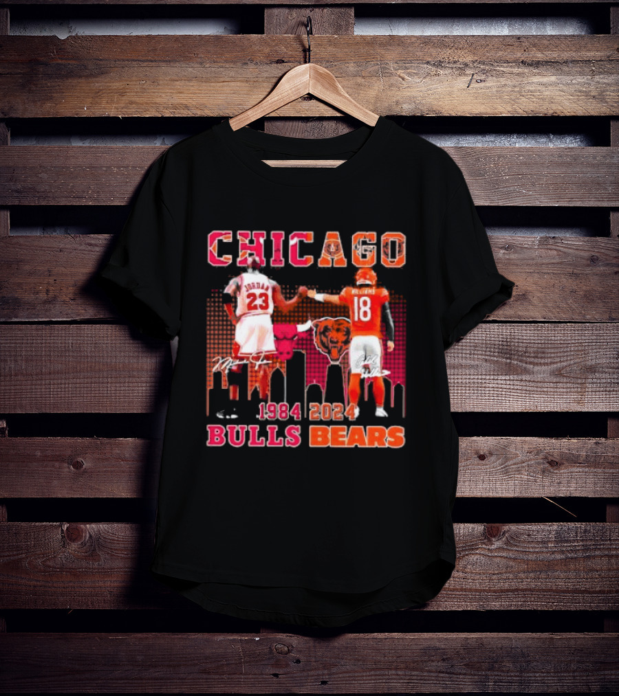 Chicago Bulls Michael Jordan 23 And Chicago Bears Caleb Williams 18 1984 2024 Signatures T-Shirt