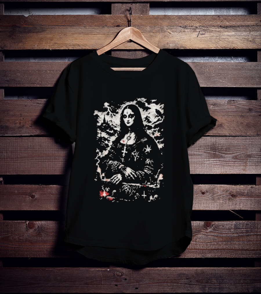 Gothic Metal Mona Lisa Cross And Stars T-Shirt
