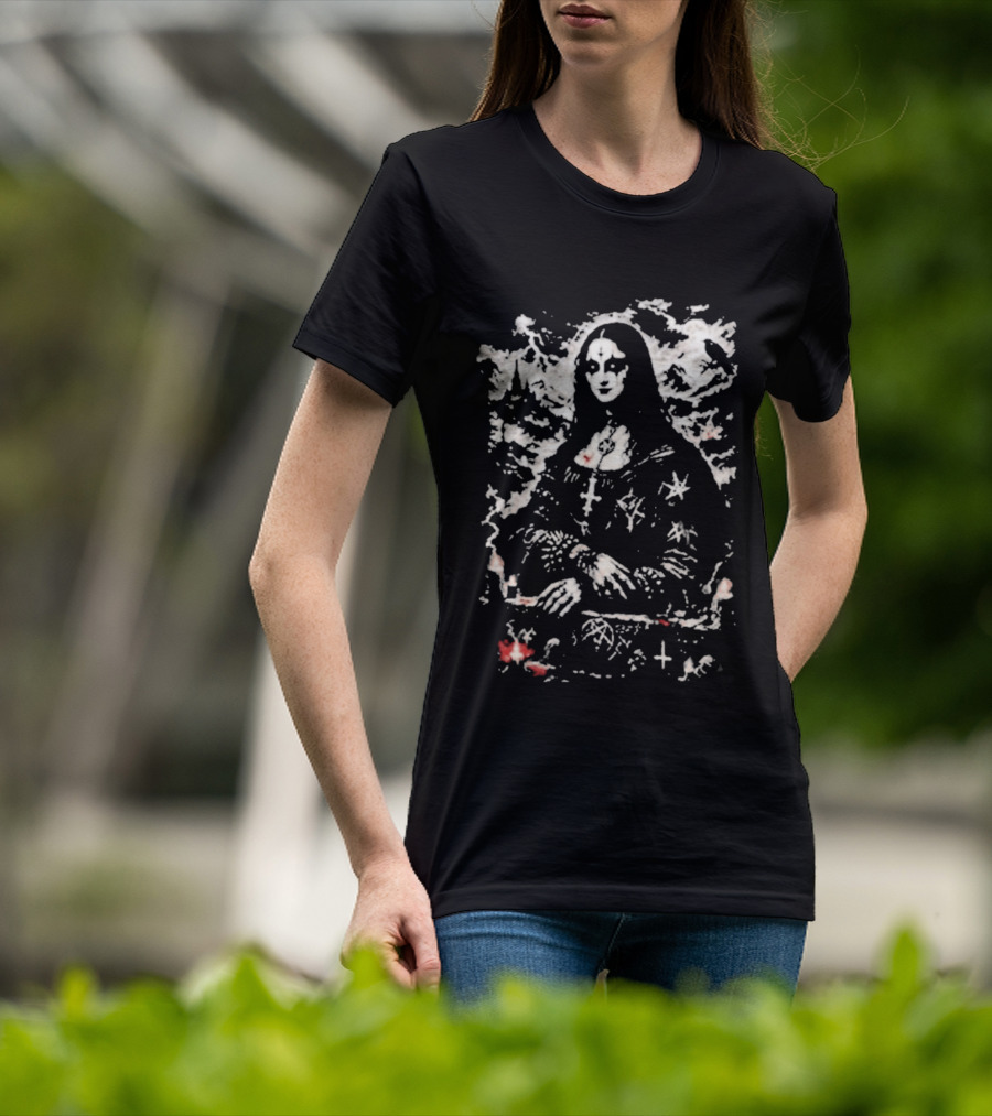 Gothic Metal Mona Lisa Cross And Stars T-Shirt