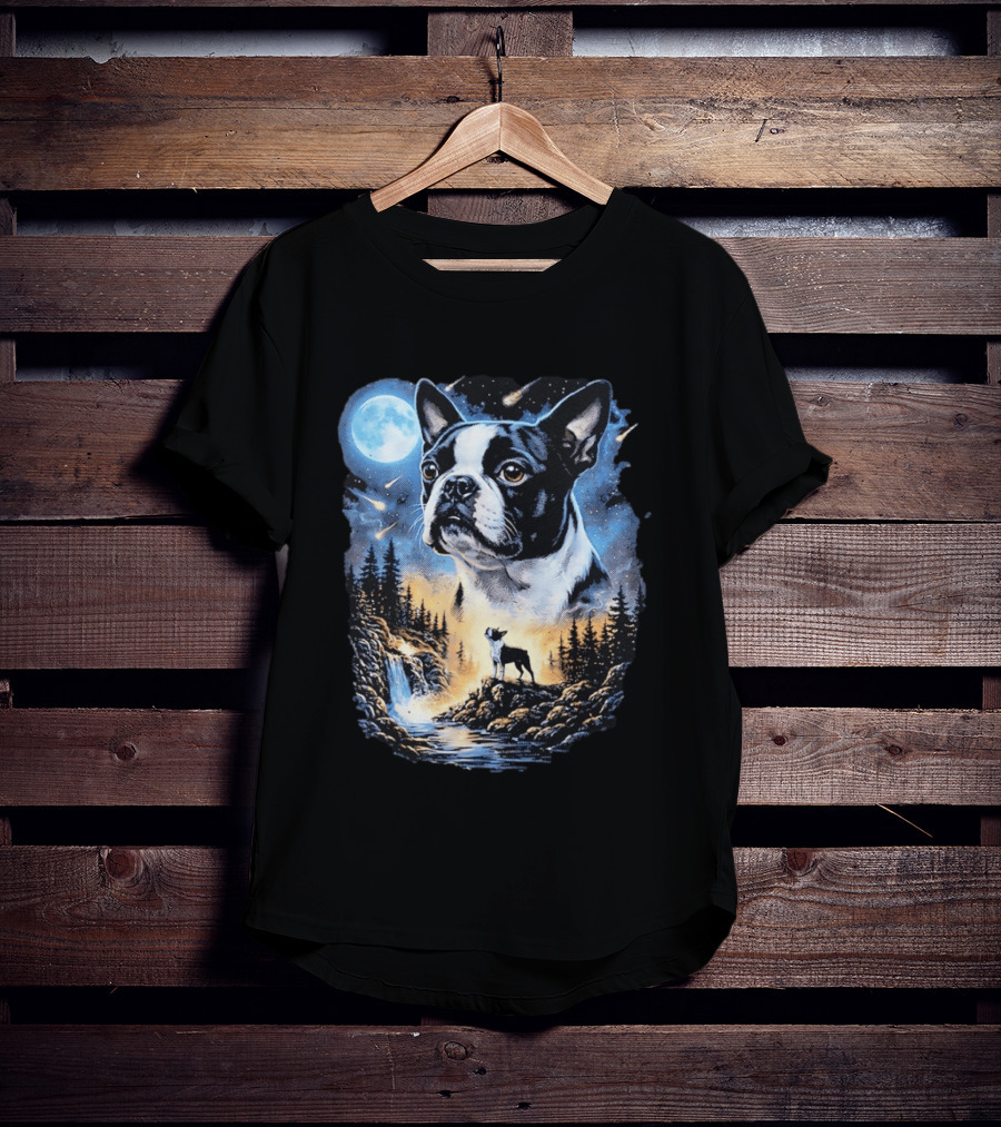 Boston Terrier Howling Moon Night Wilderness Scene T-Shirt