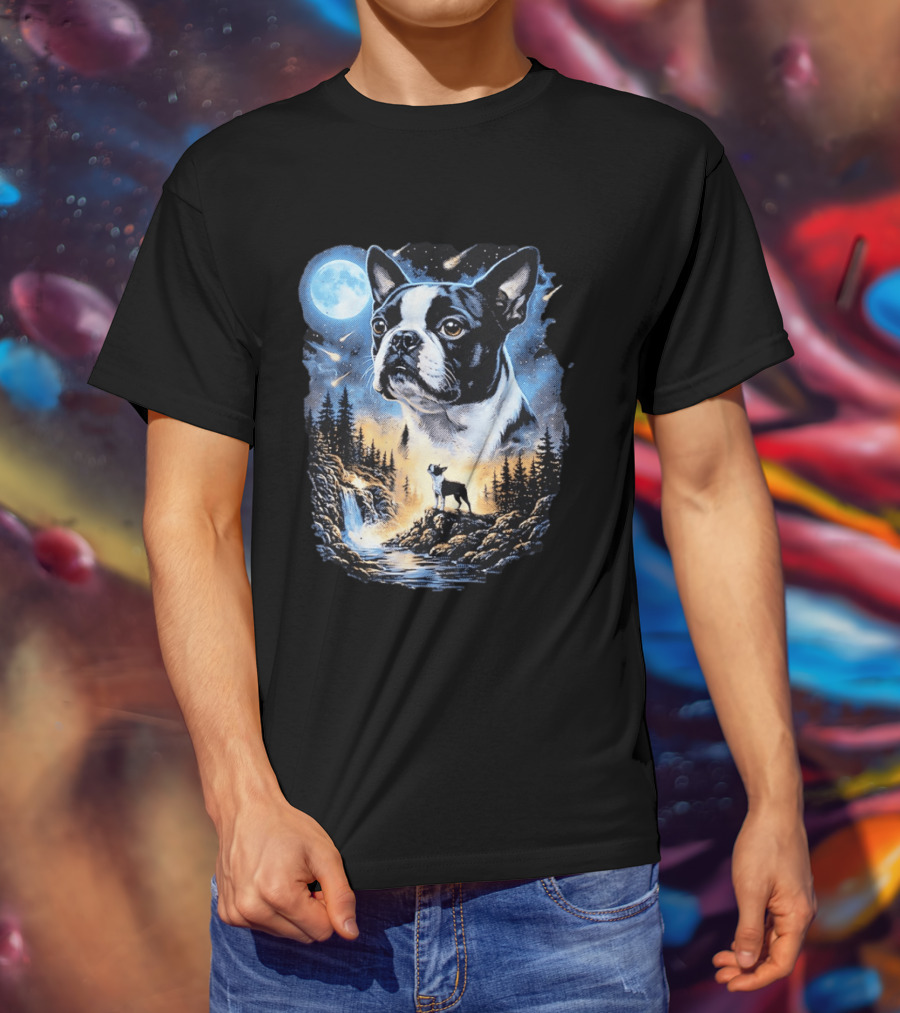 Boston Terrier Howling Moon Night Wilderness Scene T-Shirt