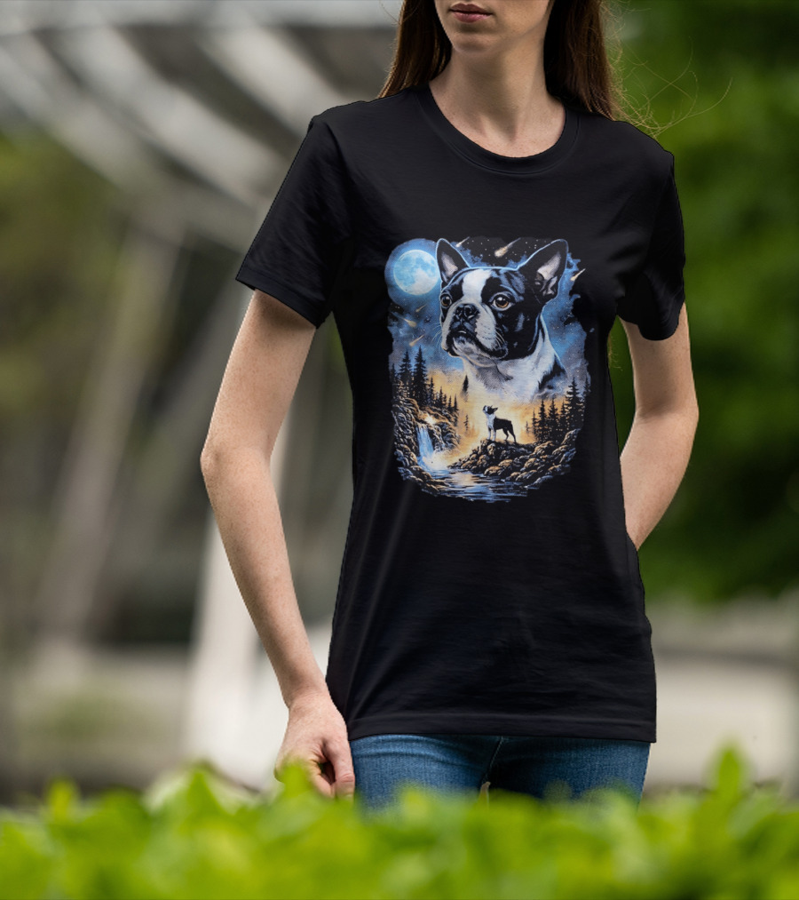 Boston Terrier Howling Moon Night Wilderness Scene T-Shirt