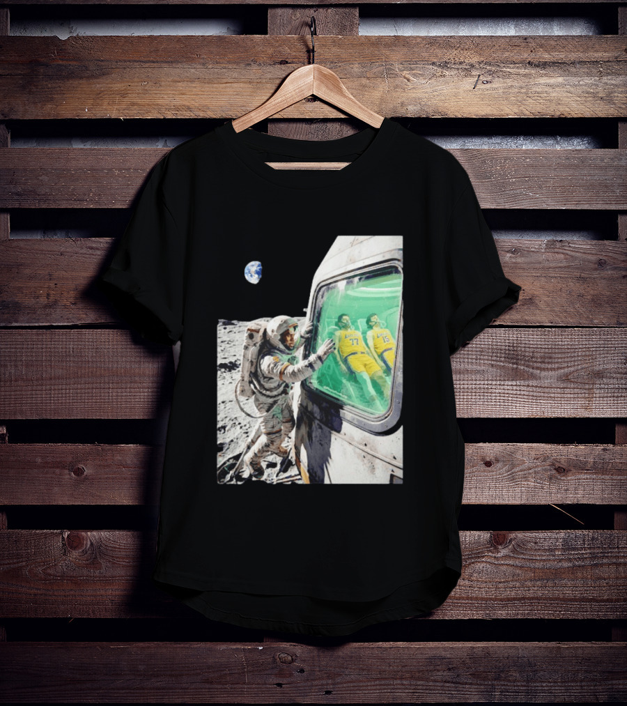 LeBron James Lakers Alone In Space Astronaut Scene With Number 77 And 15 In Spaceship T-Shirt