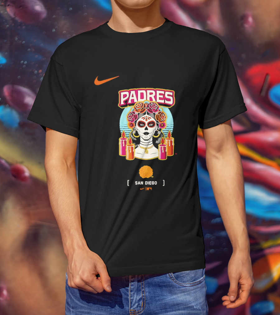 Nike San Diego Padres 2026 City Connect Dia De Los Muertos Candles Roses Large T-Shirt