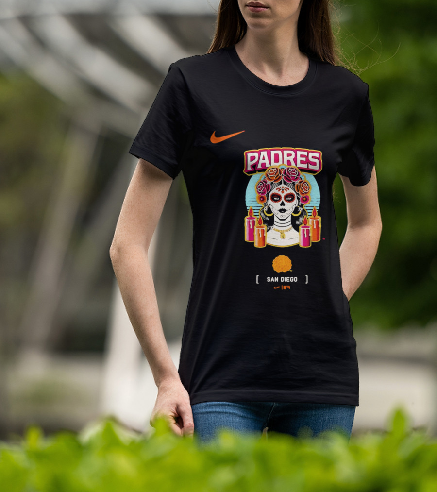 Nike San Diego Padres 2026 City Connect Dia De Los Muertos Candles Roses Large T-Shirt