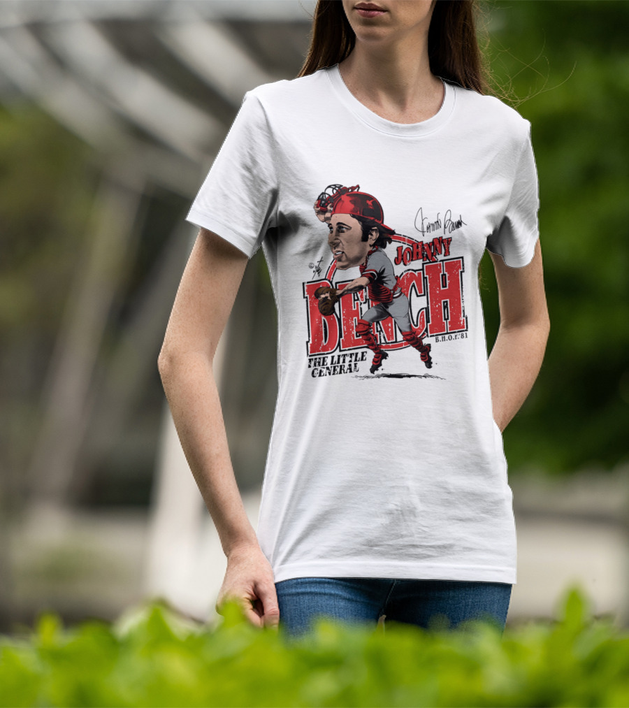 Johnny Bench Cincinnati The Little General Bruce Stark Collection HOF Caricature T-Shirt