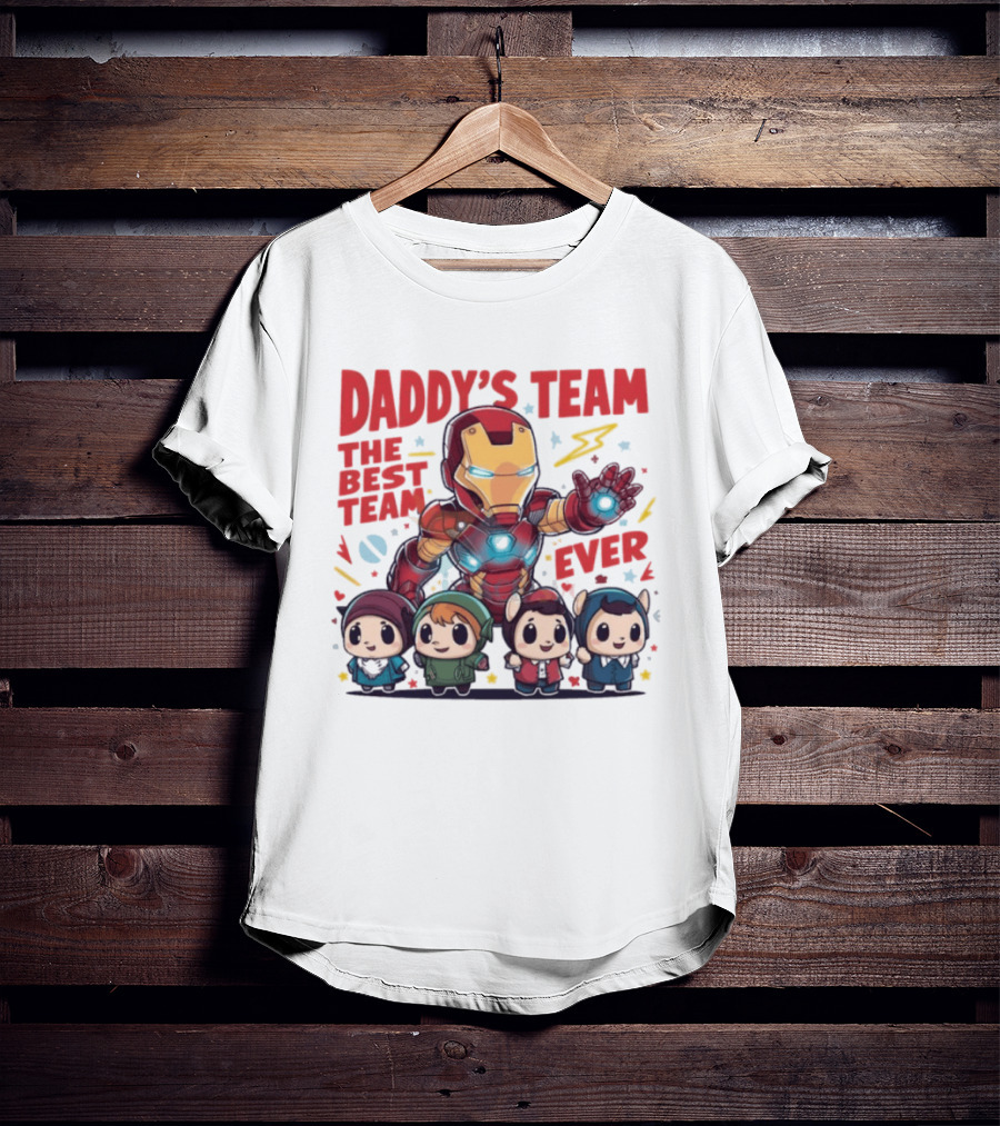 Daddys Team The Best Team Ever Superhero Dad Iron Man And Kids T-Shirt