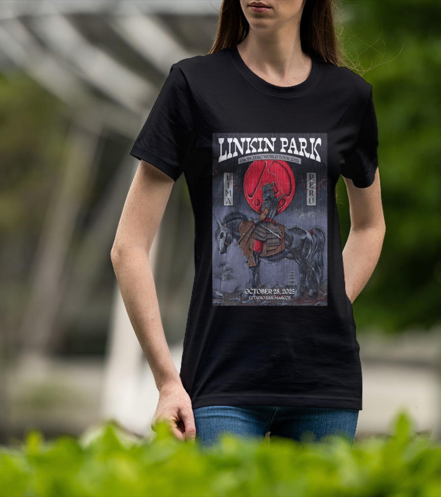 Linkin Park From Zero World Tour 2025 Lima Peru Estadio San Marcos October 28 Samurai Warrior On Horse With Red Moon T-Shirt