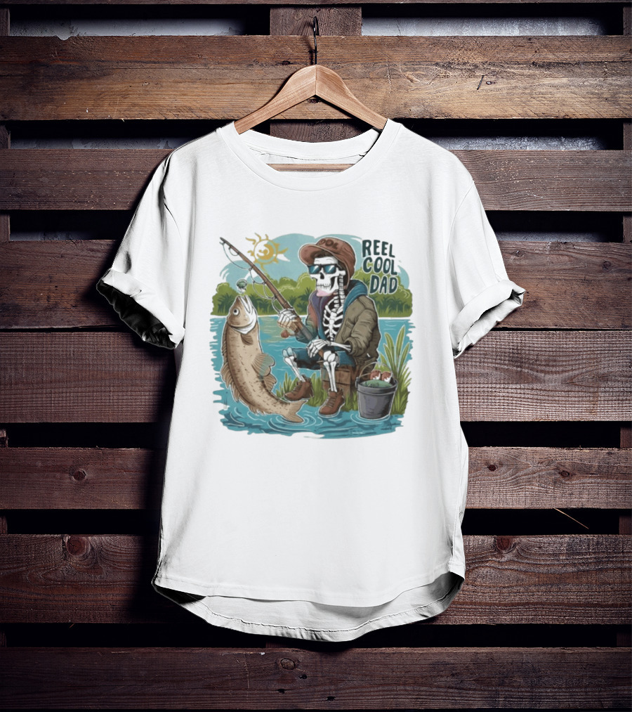 Reel Cool Dad Fishing Skeleton Catching Fish Cartoon T-Shirt