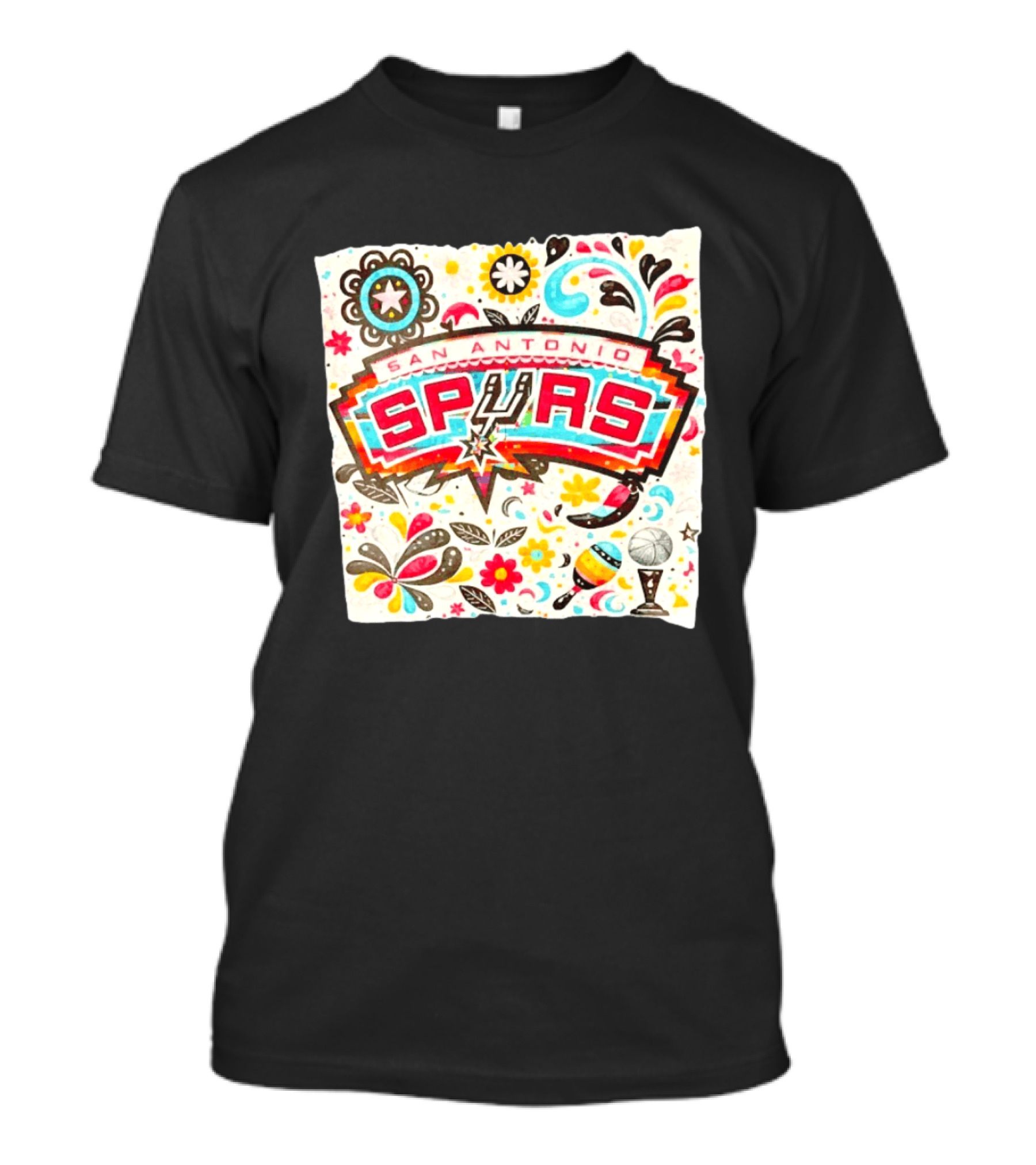 San Antonio Spurs NBA Floral Maracas Basketball Trophy Motif T-Shirt