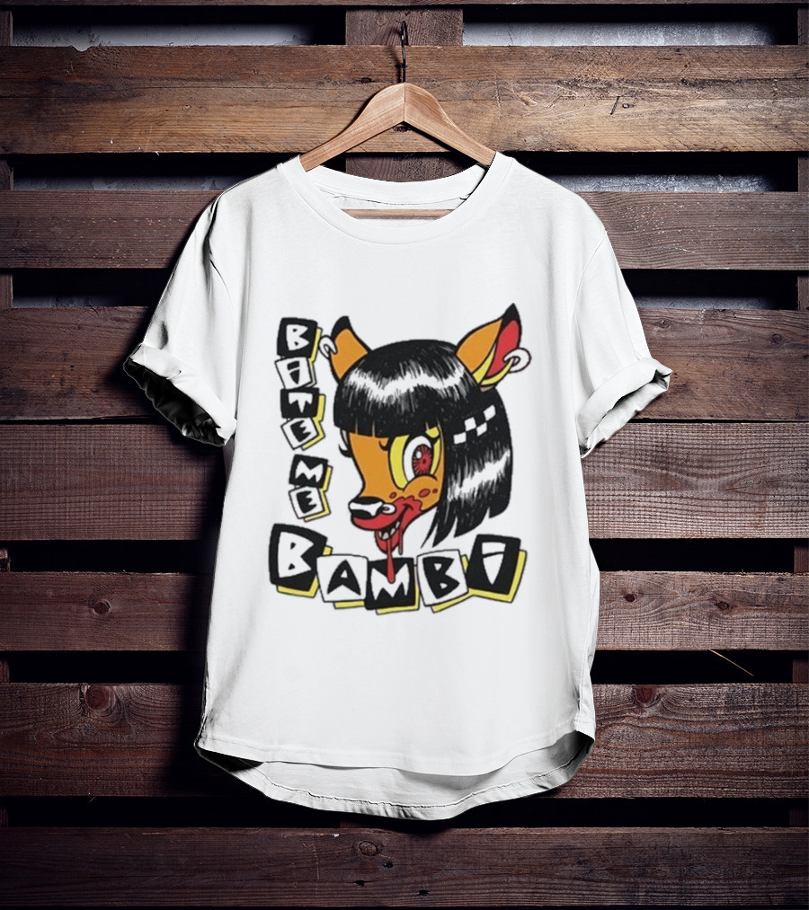 Bite Me Bambi Cartoon Character With Black Hair And Blood Dripping Mouth T-Shirt