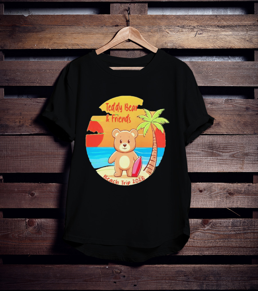 Teddy Bear And Friends Beach Trip 2026 Summer Adventure With Palm And Sunset T-Shirt