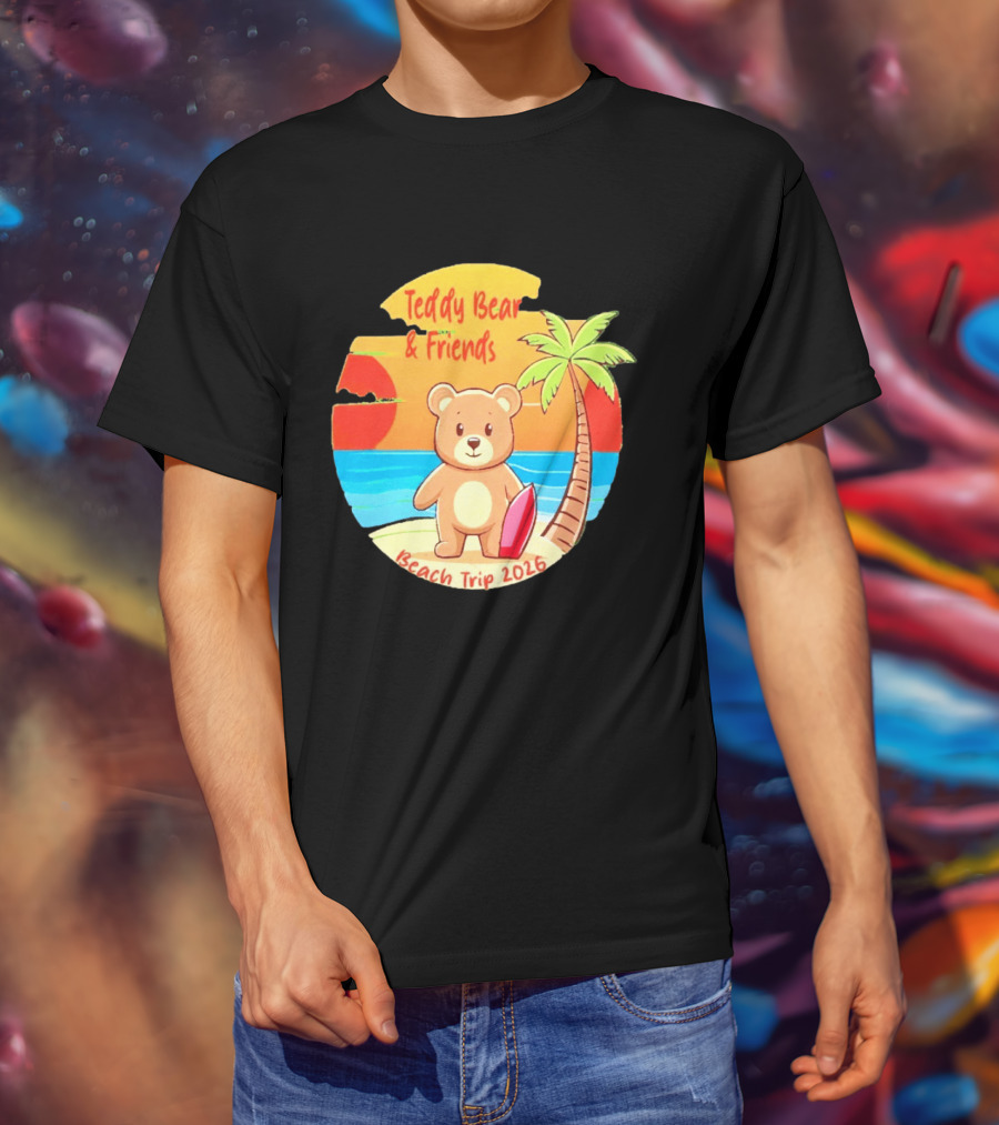 Teddy Bear And Friends Beach Trip 2026 Summer Adventure With Palm And Sunset T-Shirt