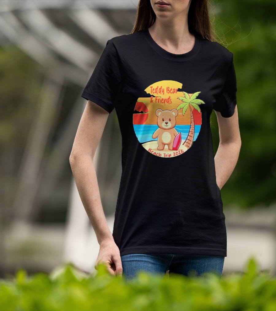 Teddy Bear And Friends Beach Trip 2026 Summer Adventure With Palm And Sunset T-Shirt