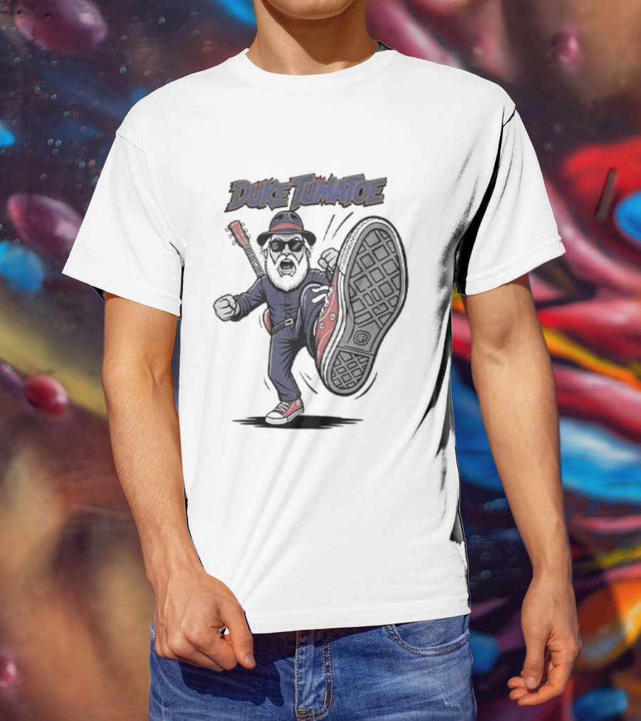 Duke Tumatoe Character Kicking Action In Blue Outfit And Red Shoes T-Shirt