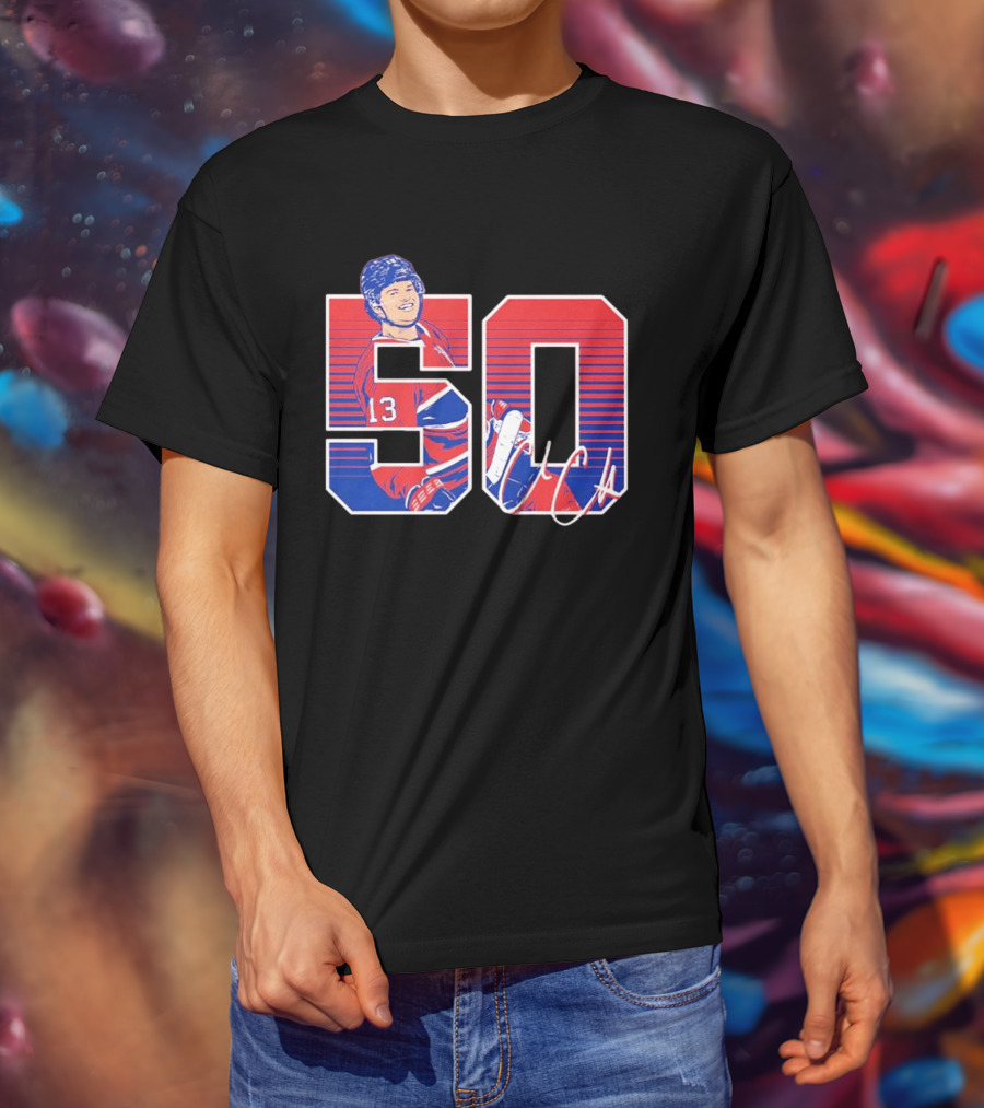 Cole Caufield 50 Goal Montreal Number 13 Hockey Player Signature T-Shirt