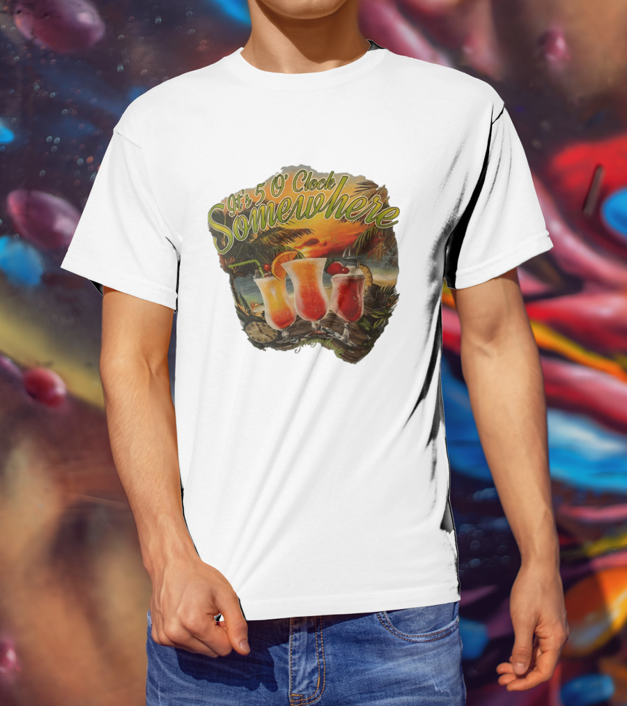 It's 5 O' Somewhere Tropical Sunset Cocktails And Palm Trees T-Shirt