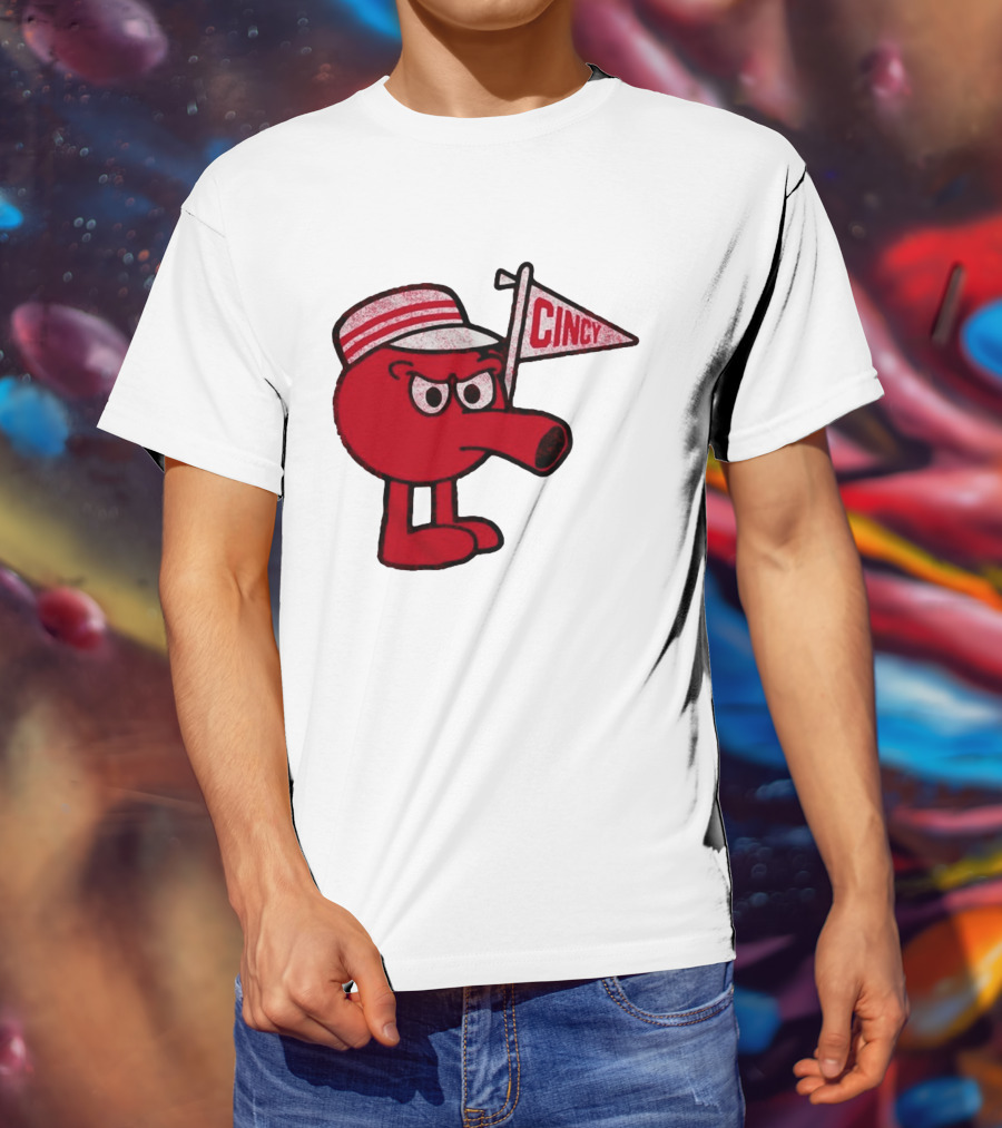Cincy Redbert Cartoon Character With Striped Hat And Flag T-Shirt