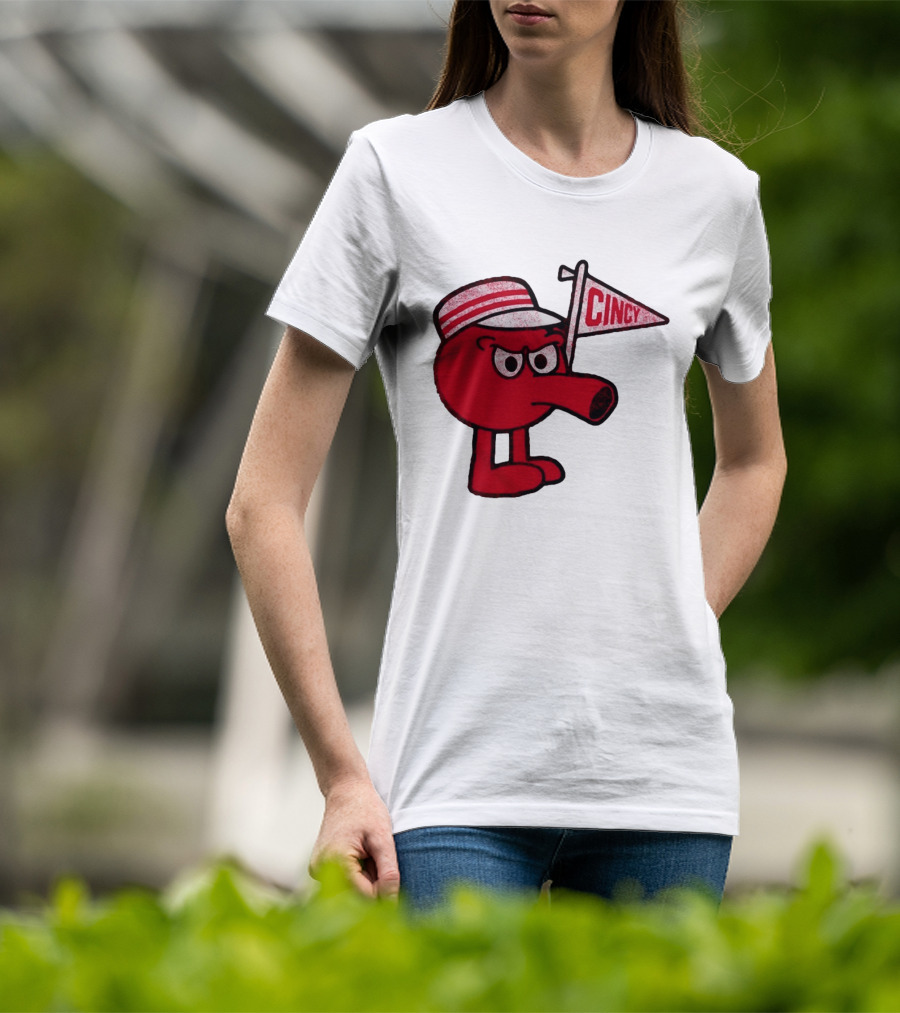Cincy Redbert Cartoon Character With Striped Hat And Flag T-Shirt