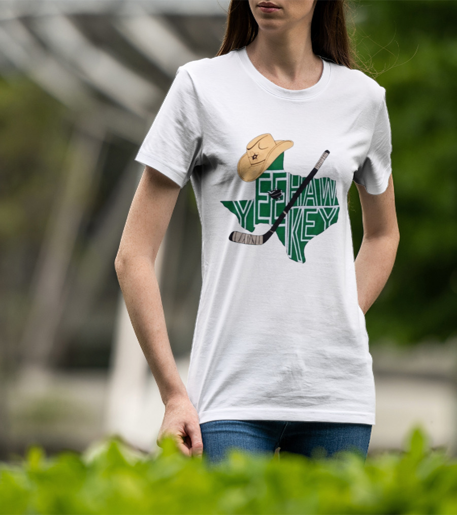Texas Hockey Yeehaw Stars Cowboy Hat Hockey Stick 2026 Casey DeSmith Jake Oettinger Appreciation Night T-Shirt