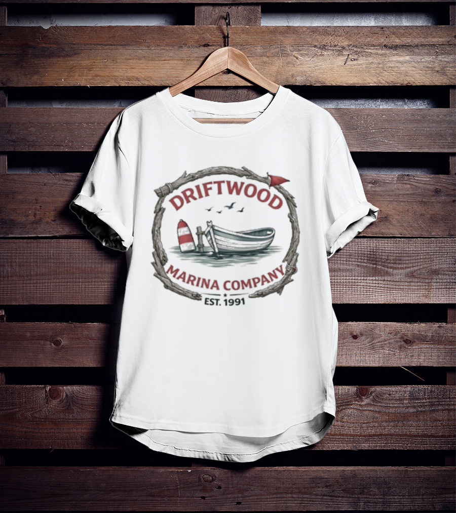 Driftwood Marina Company Est 1991 Nautical Boat Seaside Scene T-Shirt