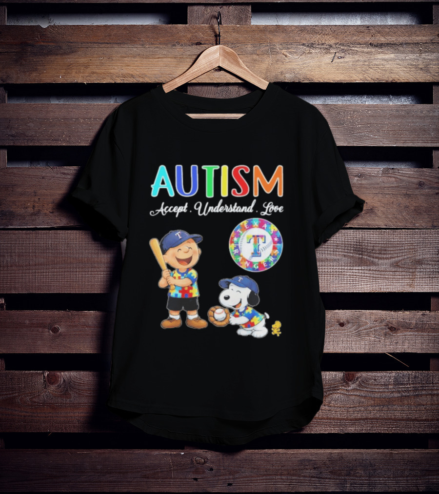 Peanuts Texas Rangers Autism Accept Understand Love Charlie Brown Snoopy T-Shirt