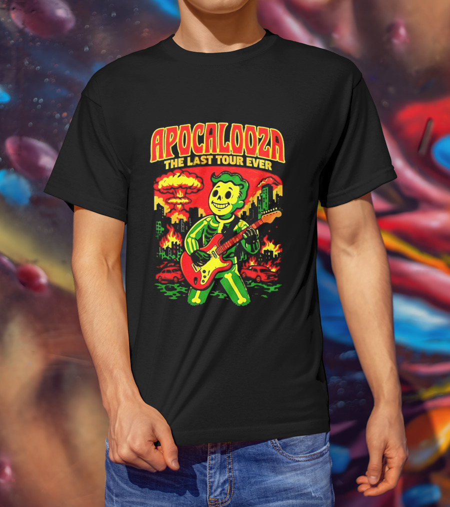 Apocalooza The Last Tour Ever Vault Boy Guitar Explosion Scene T-Shirt