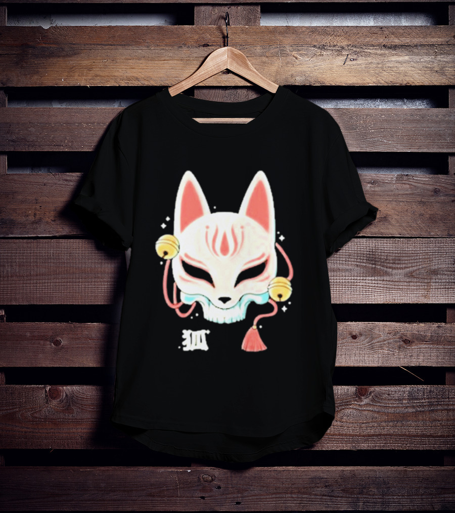 Lonely Club Kitsune Skull Mask With Bells And Kanji T-Shirt