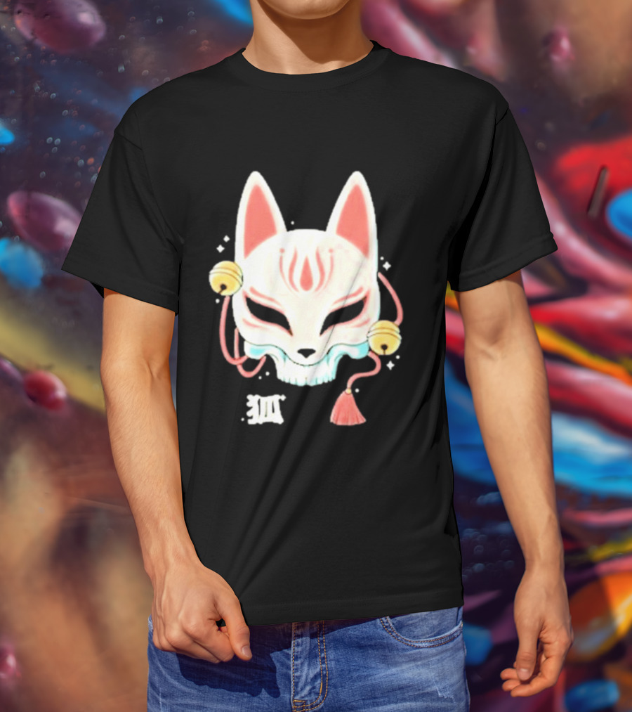 Lonely Club Kitsune Skull Mask With Bells And Kanji T-Shirt