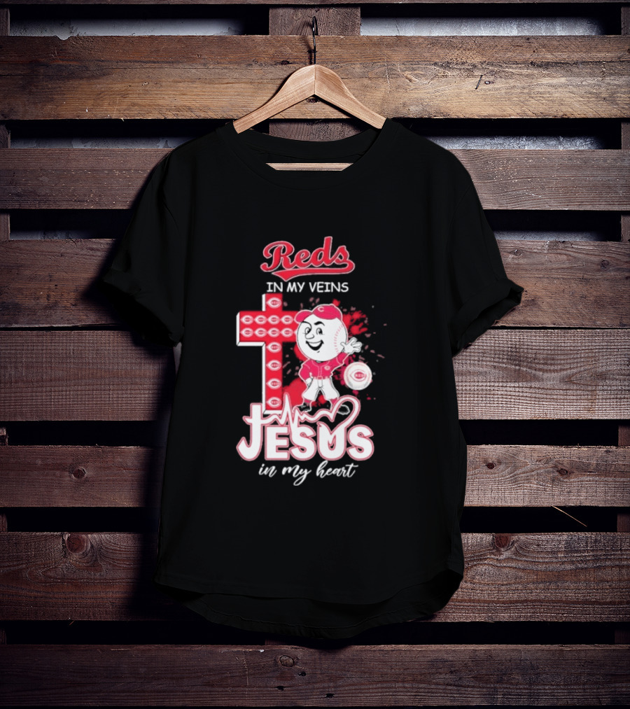 Reds In My Veins Jesus In My Heart Baseball Cross T-Shirt