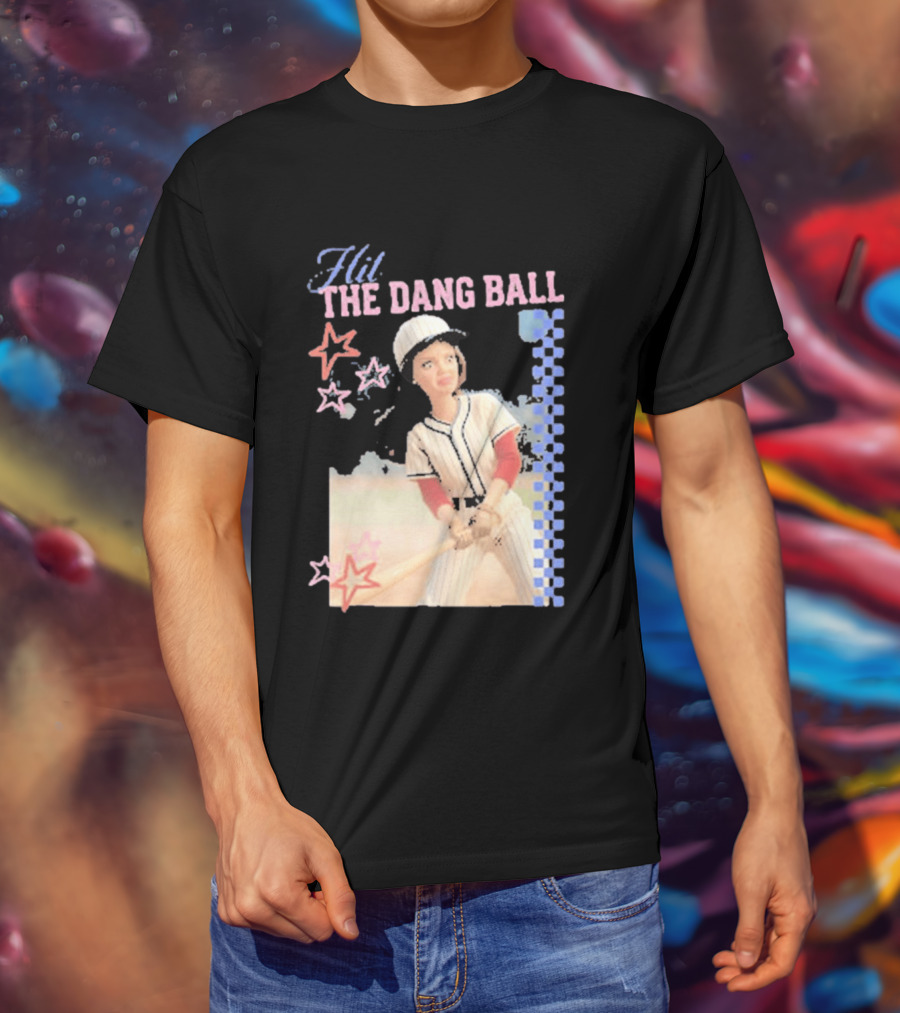 Hit The Dang Ball Vintage Baseball Player With Stars And Blue Checkerboard T-Shirt