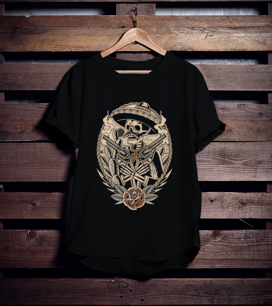 Deathsperado Skeleton Cowboy With Guns Roses And Dollar Signs Black T-Shirt