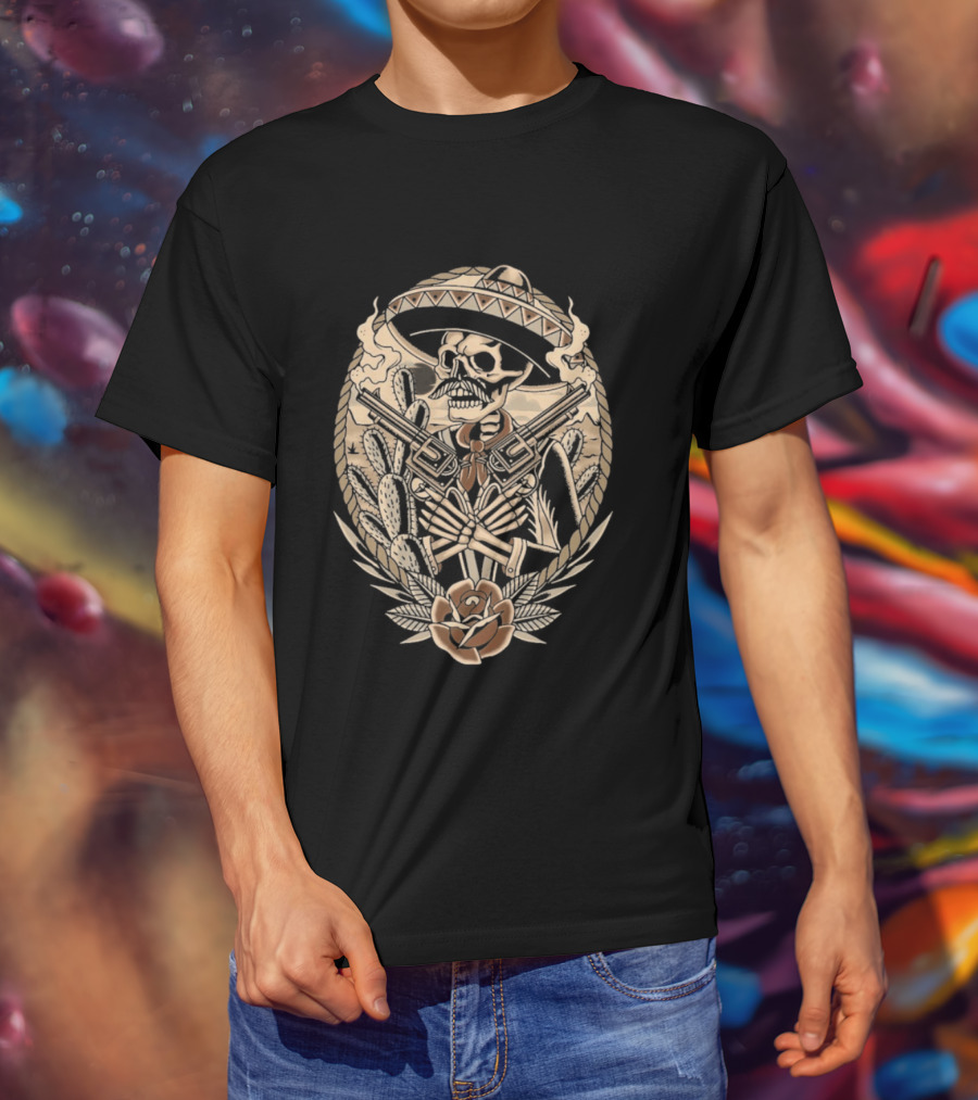Deathsperado Skeleton Cowboy With Guns Roses And Dollar Signs Black T-Shirt