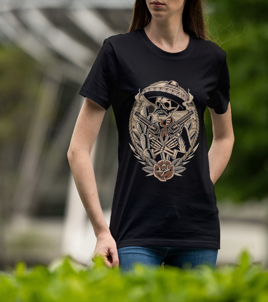 Deathsperado Skeleton Cowboy With Guns Roses And Dollar Signs Black T-Shirt