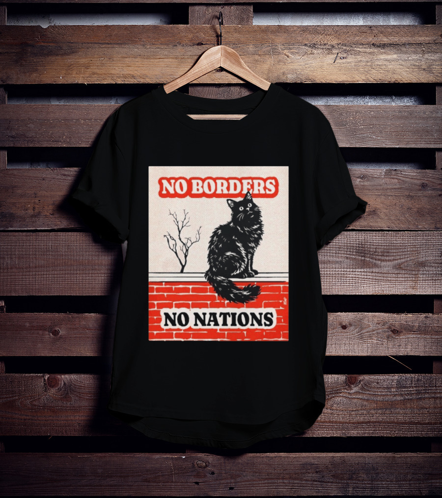 No Borders No Nations Cat Black Feline On Brick Wall T-Shirt